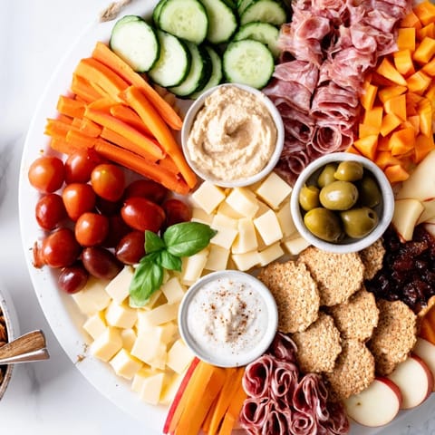 Delightful Girl Dinner Platter showcasing vibrant snacks and creamy cheeses.  