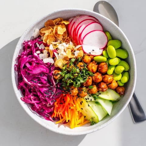 Vibrant ASMR Crunch Snack Bowls featuring crunchy chickpeas and colorful veggies.  