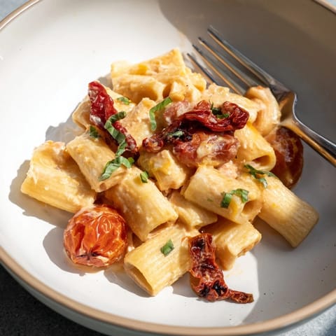 Delicious baked feta pasta with sun-dried tomatoes and golden roasted garlic.  