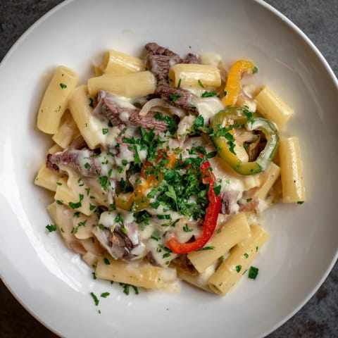 A close-up of a warm, comforting bowl of Philly Cheese Steak Pasta with perfectly cooked meat.