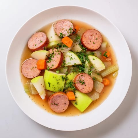 A comforting close-up view of the savory Stovetop Sausage, Celery, and Apple Hotpot, ready to be served.