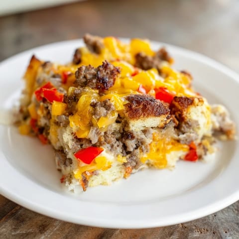 A close-up of a steaming Lightning-Fast Breakfast Sausage Casserole, showcasing fluffy eggs and savory sausage.