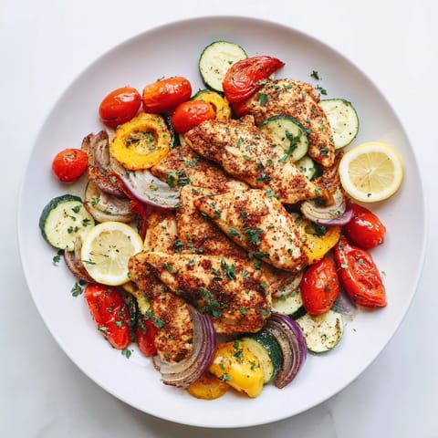Vibrant sheet pan lemon oregano chicken cutlets, served with fresh herbs and lemon wedges.