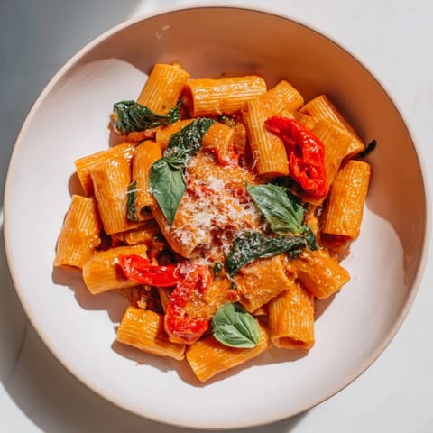 Imagine creamy Lightened-Up Vodka Rosé Christmas Pasta: a colorful holiday main dish, perfect for sharing.