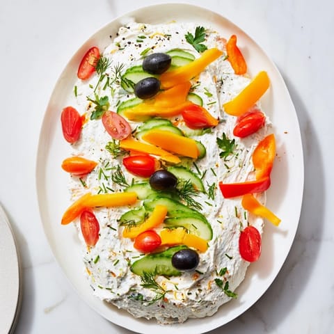 A delightful Christmas Lights Appetizer Spread offering tangy cheese topped with festive vegetable "lights" for sharing.