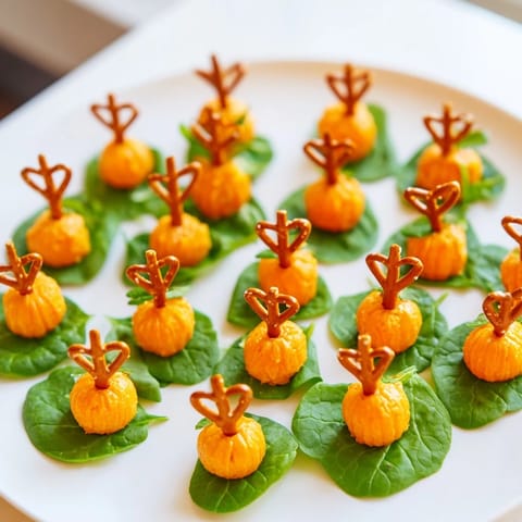 Close-up of the easy-to-assemble Pumpkin Patch Grid appetizer with pretzel stems for a festive treat.