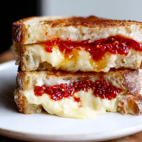 A close-up of a decadent Brie and Chili Crisp Grilled Cheese, showcasing melted cheese and toasted bread.