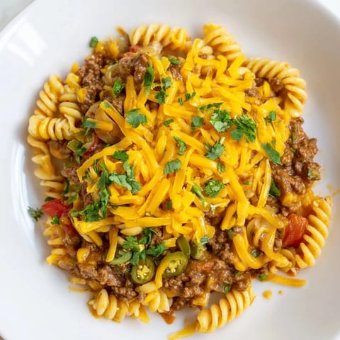 Warm, cheesy Beef Taco Pasta Skillet, a family-pleasing Tex-Mex meal bubbling in a skillet.