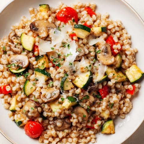 A close-up of a warm, comforting Pearled Barley Creamy Bowl, full of creamy barley and roasted vegetables.