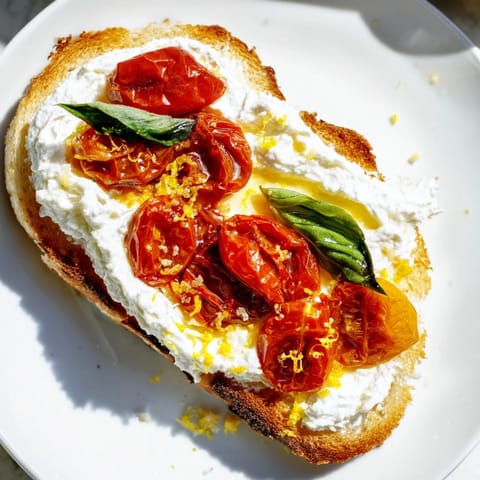 Warm roasted cherry tomatoes over a bed of fluffy whipped ricotta on golden toast, finished with flaky sea salt and a sprinkle of basil.