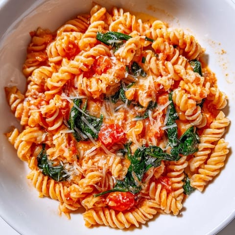A single pot of Tomato Spinach One-Pot Rotini with wilted greens and juicy tomatoes, perfect for easy weeknight dinners.  