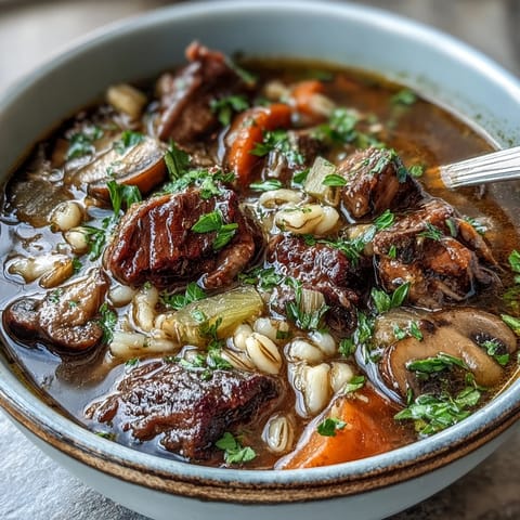 Hearty vegetable beef barley mushroom soup simmering in a rustic bowl, perfect comfort food.