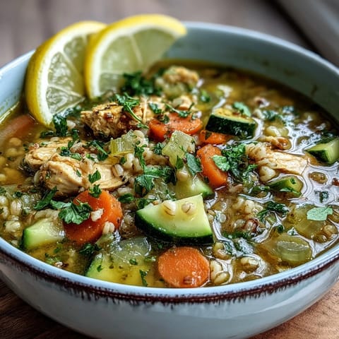 Golden Turmeric Chicken Barley soup, a comforting bowl with tender chicken and fluffy grains.