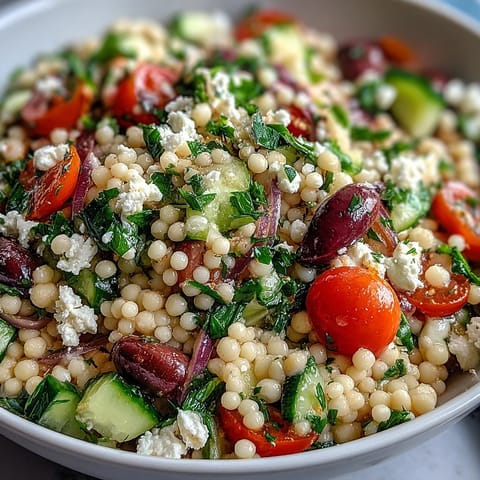 Crumbled feta cheese and fresh parsley garnish this vibrant Mediterranean Pearl Couscous salad, perfect for a light lunch.
