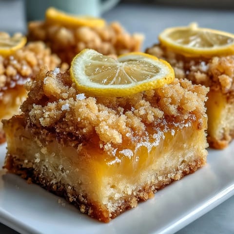 Homemade Lemon Crumb Bars with golden crumbs over tangy lemon filling on a white plate.