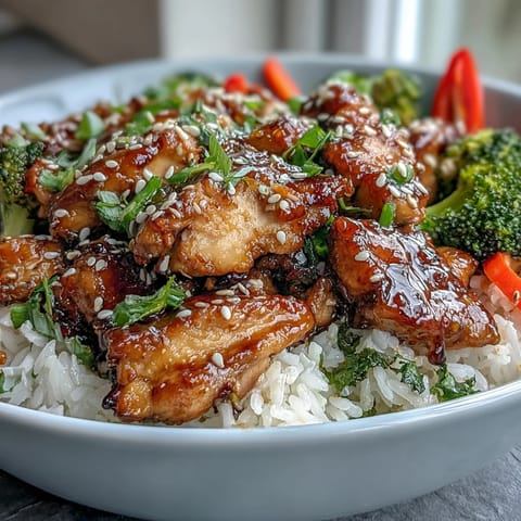 Glossy honey garlic sauce coats tender chicken pieces in this Honey Garlic Chicken Bowl garnished with sesame seeds.