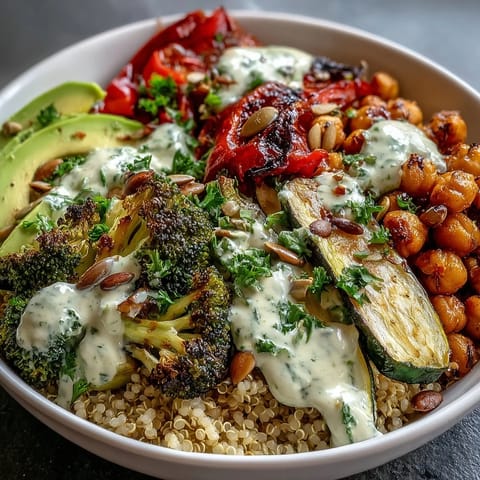 The finished Vegetable and Legume Bowl topped with creamy avocado, parsley, and a drizzle of tahini dressing.