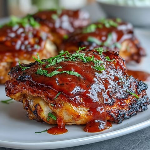 Juicy Guava BBQ Sauce Chicken thighs roasted with a glossy, caramelized glaze, served with grilled pineapple slices for a tropical dinner.