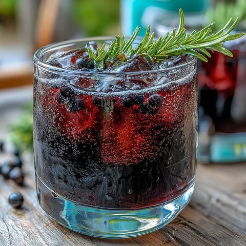 A chilled rocks glass of Black Currant Rosemary Cocktail garnished with a fresh rosemary sprig and lemon twist.