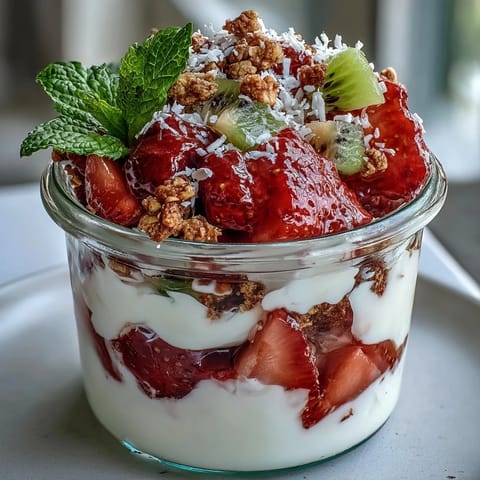 Layered glass jars show creamy Greek yogurt, vibrant guava preserves, sliced strawberries, kiwi, and crunchy granola for a tropical parfait.