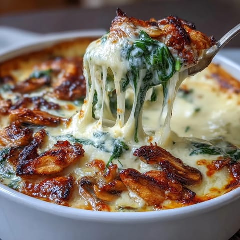 Tender chicken, wilted spinach, and earthy mushrooms layered in a creamy, gluten-free weeknight dinner.
