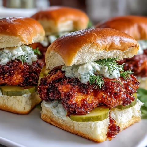 Fiery fried Nashville Hot Chicken Sliders topped with crunchy pickles and tangy aioli.