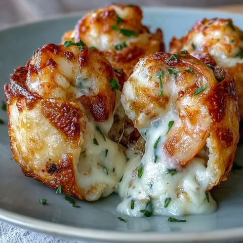 Freshly baked Cheesy Seafood Tortilla Bombs stuffed with crab, shrimp, and melted cheese served hot.