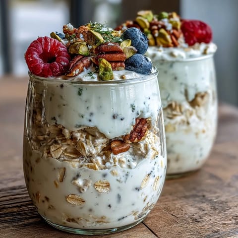 A creamy spoonful of Pistachio Overnight Oats lifted from a jar, showing rolled oats and chia seeds.