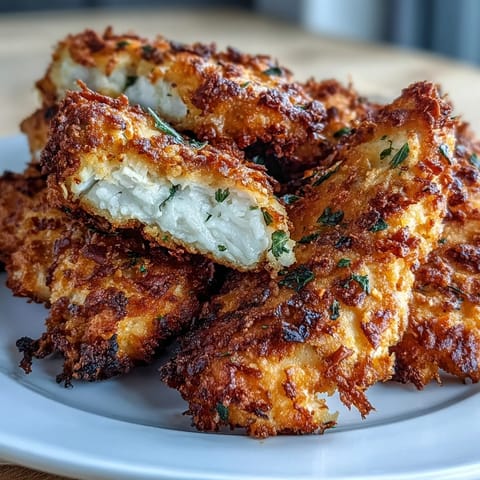 Golden brown Crispy Panko Ranch Chicken Tenders rest on a wire rack, showcasing a crunchy, herb-flecked crust perfect for dipping.
