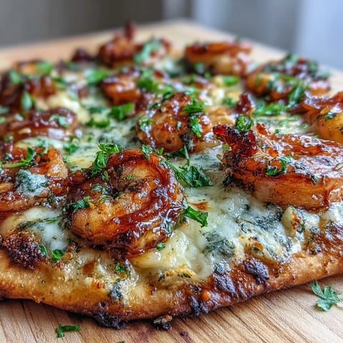 Garlic butter shrimp naan pizza fresh from the broiler with fresh basil garnish.