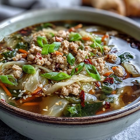 Spicy chili crisp tops a warm bowl of Egg Roll Soup with Chicken & Cabbage, garnished with green onions and sesame seeds.