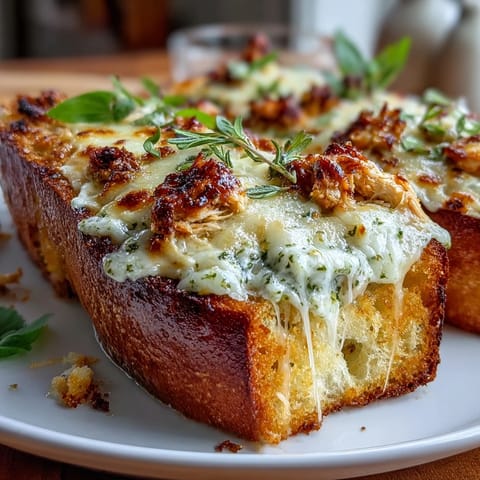 Freshly baked Pesto Chicken Garlic Bread Boats pulled apart to reveal melted mozzarella and herby pesto chicken filling.