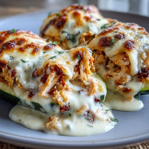 Roasted zucchini boats stuffed with creamy garlic chicken, served on a white plate ready for a low-carb family dinner.