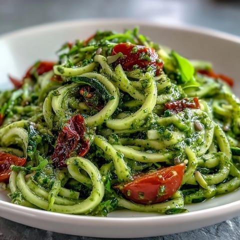 A close-up of spiralized zucchini tossed in creamy pumpkin seed pesto, garnished with fresh basil for an easy, light Italian-inspired meal.