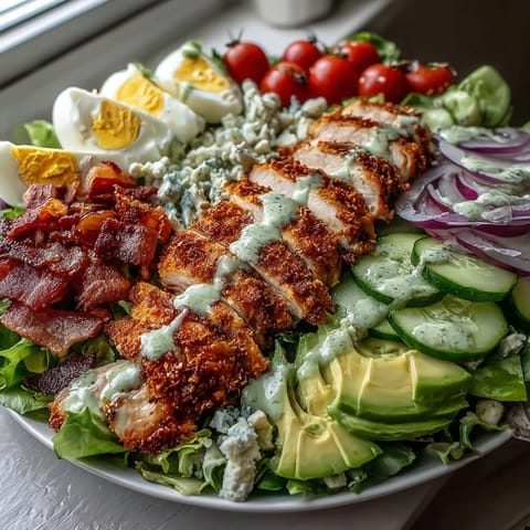 Golden baked Parmesan crusted chicken served atop a colorful Cobb salad with avocado, tomatoes, and tangy red wine dressing.