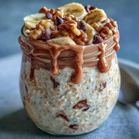 Velvety overnight oats blend cocoa, peanut butter, and banana slices, layered with crunchy walnuts and a drizzle of creamy peanut butter.