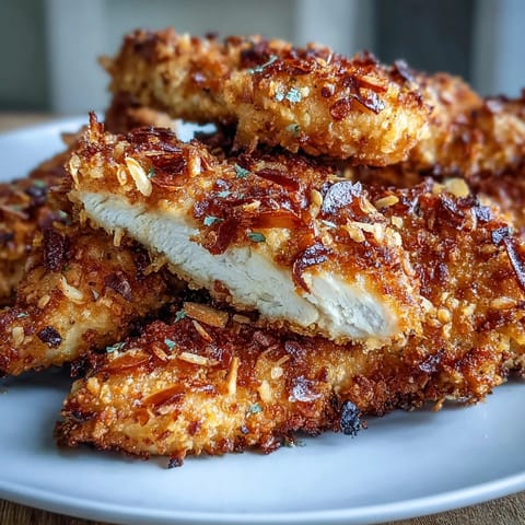 Low-carb chicken tenders with crispy Parmesan crust and almond flour, paired with refreshing ranch-dressed cabbage and carrot slaw.  