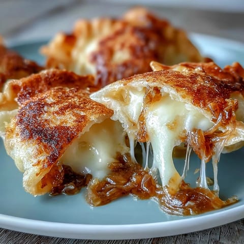 Golden-brown dumplings with rich caramelized onions, melted Gruyère, and a savory broth drizzle.