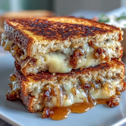 Warm, melty sourdough grilled cheese sandwich filled with sweet caramelized onions and rich Gruyere cheese.