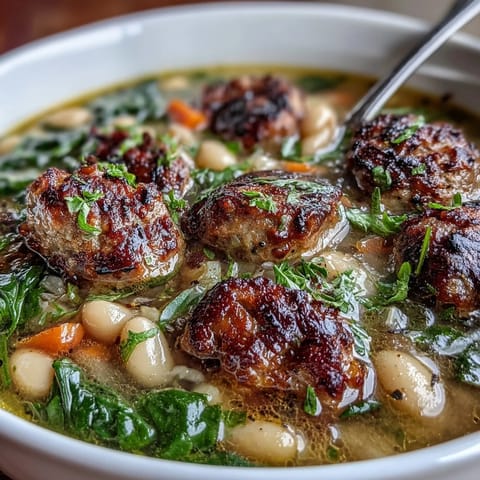 Hearty Tuscan white bean soup with Italian sausage, vegetables, and herbs in a rustic bowl.  