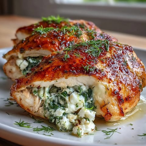 Juicy chicken breasts stuffed with creamy spinach and feta filling, baked golden with herbs and sun-dried tomatoes. A Mediterranean-inspired main dish perfect for weeknight dinners.