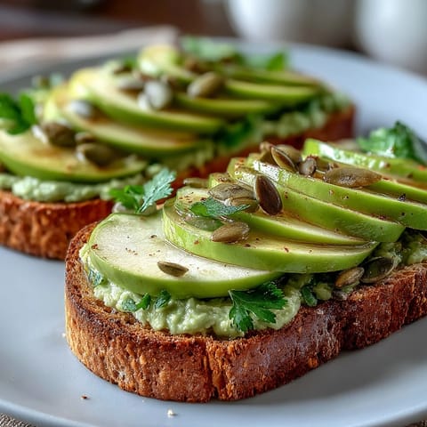 Creamy avocado spread on whole grain toast with crisp green apple slices and nutty pumpkin seeds.