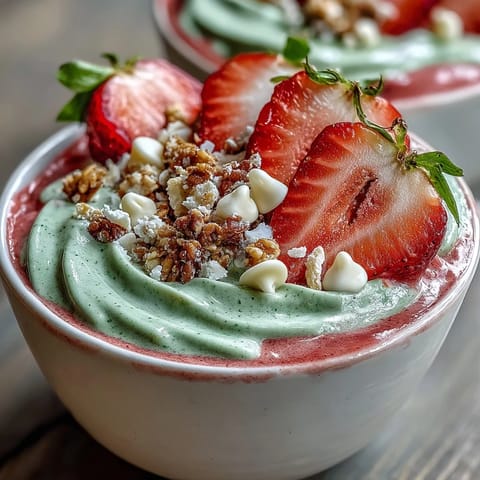A vibrant strawberry matcha smoothie bowl with creamy layers and fresh fruit toppings.  
