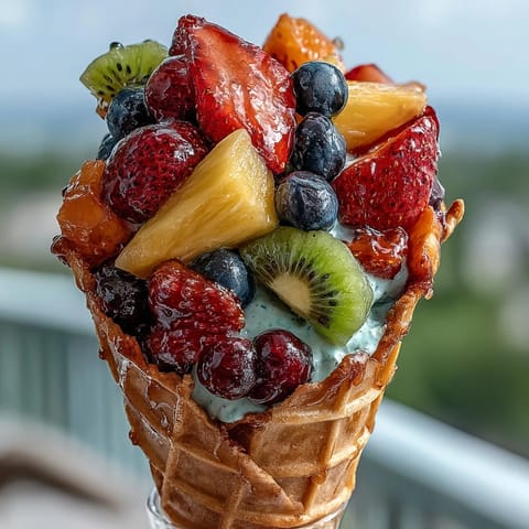 Fresh summer fruit cones filled with strawberries, blueberries, and kiwi, served with a creamy honey yogurt dip.  