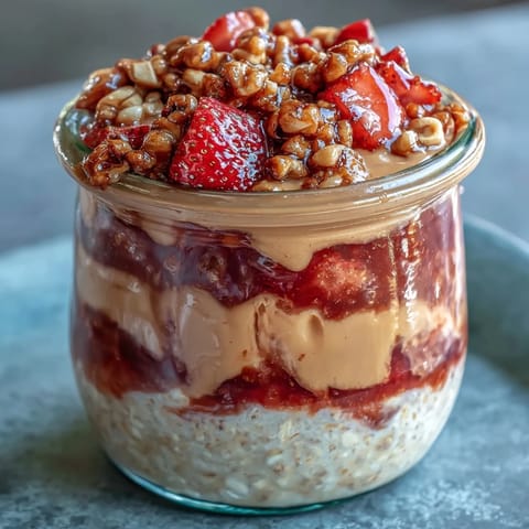 Strawberry jam and peanut butter layered in oats, topped with fresh strawberries and chopped peanuts for extra crunch.