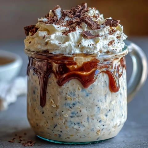 Creamy vanilla bean frappuccino overnight oats layered in a jar with espresso, topped with whipped cream and chocolate shavings for a dreamy breakfast treat.