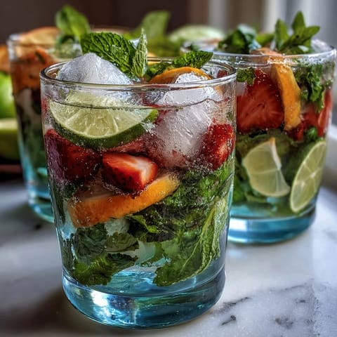 Sparkling non-alcoholic mojito drink featuring vibrant mint, citrus, and berries, ideal for warm-weather entertaining.