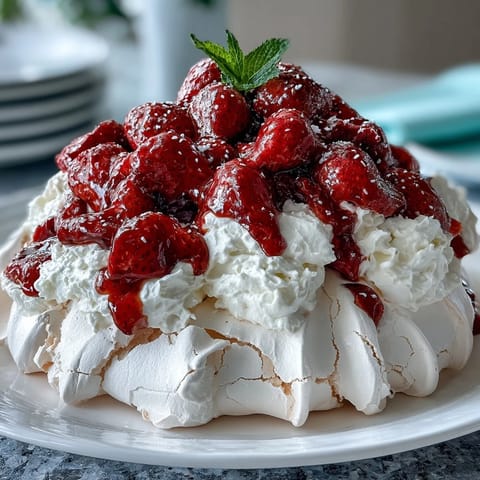 A beautiful Strawberry Pavlova with golden crisp meringue, fluffy whipped cream, and juicy red strawberries on top.