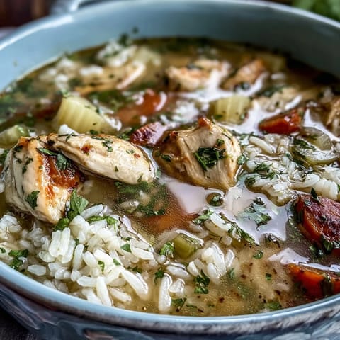 A steaming bowl of Easy Chicken Run One-Pot Chicken and Rice Soup with tender chicken, carrots, and celery in a savory broth.