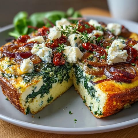 Fluffy spinach and feta frittata with sun-dried tomatoes, baked golden and loaded with savory Mediterranean flavors.